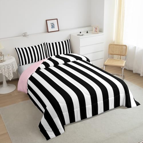 Erosebridal Black and White Striped Twin Comforter Set (Pink Reversible) | Striped Bedding Set Pink and Black Comforter Sets for Kids Teens Adults Cute Pinstripe Girls Bed Quilt Sets Erosebridal