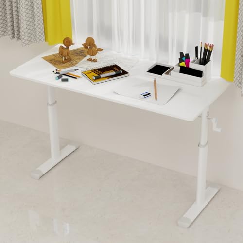 Penau Adjustable Height Standing Desk, Manual Crank Sit to Stand Computer Desk, Minimalist White Engineered Wood Top, T-Shape Iron Frame for Home Office, 47.24 x 23.62 x 35.43 Inchs. Penau