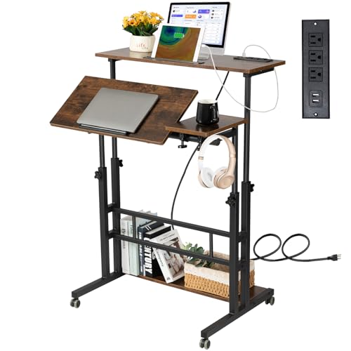 Hadulcet Mobile Standing Desk Adjustable Height, Rolling Desk Stand Up Desk, Mobile Laptop Desk, Rolling Computer Desk with Charging Station, Portable Desk with Wheels, Rustic Brown Hadulcet