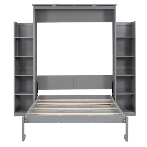 MERITLINE Full Murphy Bed Kit with Storage 8 Shelves and LED Lights, Wood Murphy Bed Cabinet Murphy Bed in a Cabinet Grey Murphy Wall Bed Units Full Size, LP00069 MERITLINE