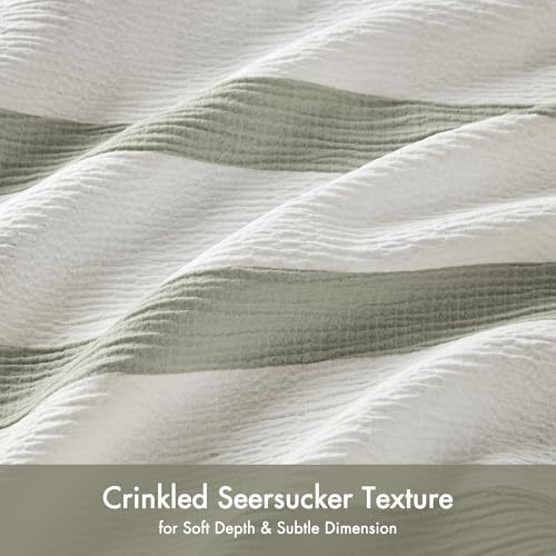 Madison Park Essentials Striped Comforter Set King Size, Yarn-Dyed Reversible Comforter with Minimalist Stripes, Crinkled Texture Bedding Set for All-Season Lightweight Warmth, Merritt Sage Green Madison Park