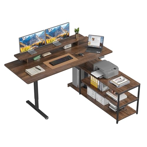 Lefurture Standing Desk with File Cabinet, 55x24'' L Shaped Electric Stand Up Desk with Adjustable Monitor Shelf, Adjustable Height 28-46'' for Home and Computer Workstation, Walnut Lefurture