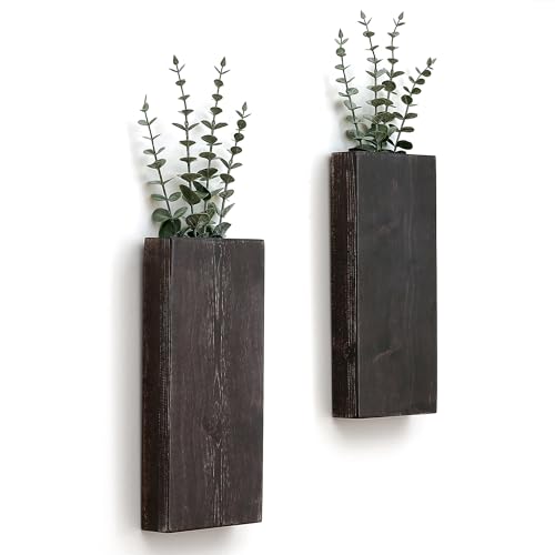 Wood Wall Planter Set of 2, Wood Wall Pocket for Greenery and Dried Flowers, Indoor Wood Hanging Vase Modern Farmhouse Wall Decor for Living Room Bedroom Office Eucalyptus Stems Decorations (Expresso) GRID FORTE