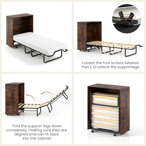 Giantex Murphy Bed Cabinet with Mattress Included, 74" x 31" Cot Size Fold Out Bed with Storage & Lockable Wheels, Metal Frame, 2 in 1 Roll Away Bed with Mattresses for Adults Guests Giantex