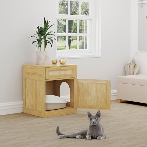 COSLIANA Cat Litter Box Enclosure, Hidden Cat Litter Box Furniture Indoor Wood Cat House Rattan End Table with Drawer, Oak COSLIANA