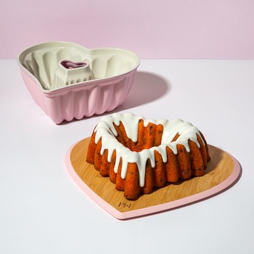 Paris Hilton Heart Shaped Fluted Cake Pan, Cast Aluminum with Clean Ceramic Nonstick Bakeware, Dishwasher Safe, Made without PFAS, PFOA, PFOS & PFTE, 9-Inch, Pink Paris Hilton