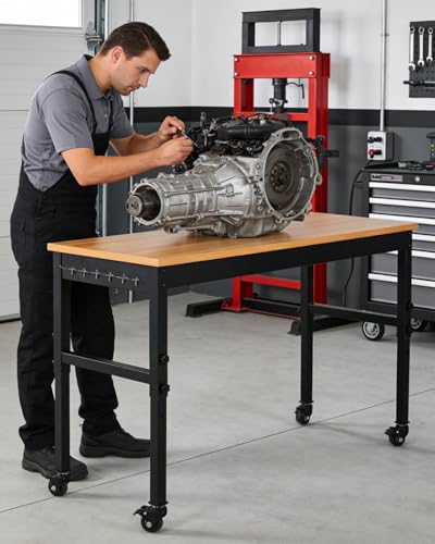 60" Adjustable Height Workbench with Lockable Wheels, Built-in Outlets & Heavy Duty Rubberwood Top, 2500 LB Capacity Work Bench, Garage Work Table for Workshop, Repair Shop, Home, Office EliteEdge