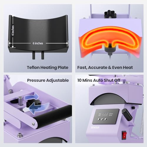 Hat Press Heat Machine for Caps with Precise Temp&Timer Control, Timer Auto Starter, Hat Heat Press with 2 Platens for Trucker Hat & HTV Iron on Vinyl, Sublimation Hat Press, Heat Transfer (Purple) EENOUR