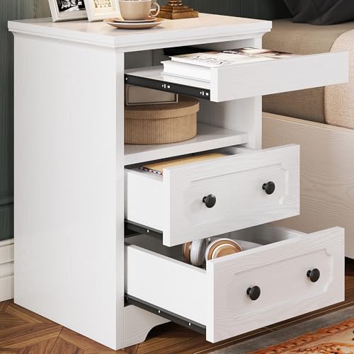 LIKIMIO Night Stand, Modern Bedside Table with 2 Drawers, Open Shelf, End Table with Pull-Out Tray, Wood SideTable, White LIKIMIO
