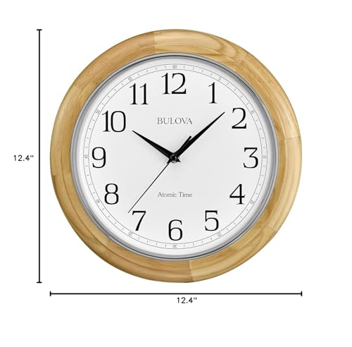 Bulova C5005 Wooden Atomic Analog Wall Clock | Automatically Sets Time | Large Roman Numerals | Battery Operated | Traditional Design Bulova