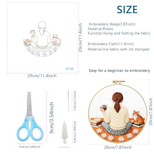 Zhenqing Coffee Girl Embroidery Kit for Beginners, Pre-Printed 29x29cm Fabric with 20cm Hoop & Threads, Cozy Reading Scene with Cat for Home Decor(C0188)