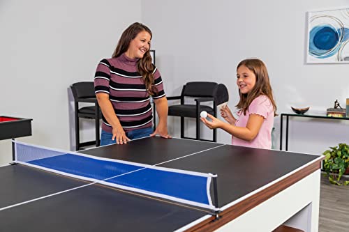 Hathaway Newport 7-ft Pool Table Tennis Combination with Dining Top, Two STO Newport II 7-ft Pool Table Combo Set with Benches - White with Camel Feltrage Benches with Accessories - Walnut Hathaway