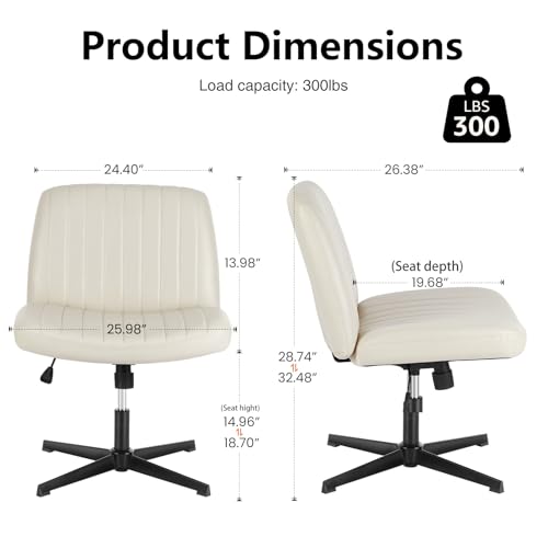 DUMOS Criss Cross Chair Legged Office Wide Comfy Desk Seat, No Wheels Armless Computer Task Seating, Swivel PU Leather Vanity Home Height Adjustable DUMOS