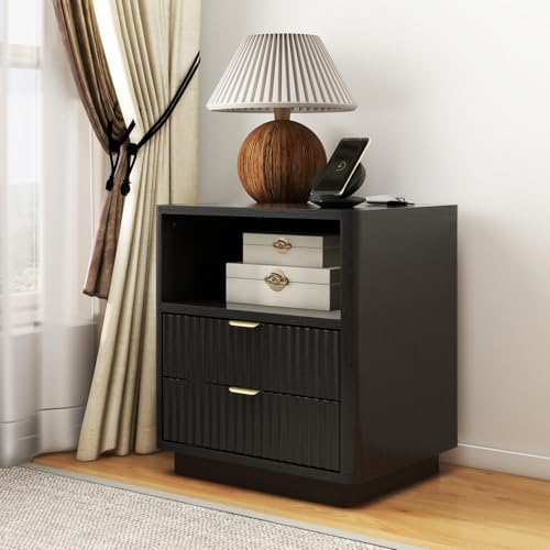 Fluted Nightstands Set of 2, Black Night Stands with 2 Drawers and Open Shelves, Wooden Nightstand Modern Design Night Stand for Bedroom Sofa Office (2, Black) ROCSUMOO
