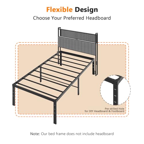 VINGLI 14 Inch Twin Bed Frame, Heavy Duty Metal Platform, No Box Spring Needed, Sturdy Steel Slat Support, Easy Assembly, Noise-Free, 12.4 Inch Underbed Storage,Black VINGLI