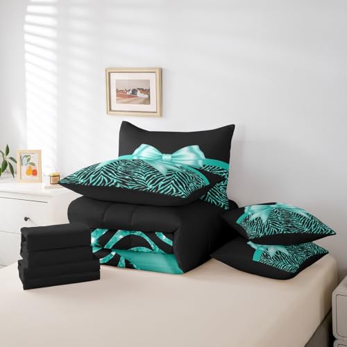 Feelyou Teal Bowknot 7 Piece Bedding Set Queen Size Glitter Print Comforter Set with Sheets for Kids Girls Adult Cute Bowknot Bed in a Bag Black Silver Bed Set Feelyou