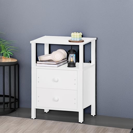 Lerliuo White Night Stand, Small Nightstand with 2 Wood Drawers and Storage Shelf, Modern Bedside Table with Wooden Frame, Rustic Couch Nightstand for Small Spaces, Narrow End Tables for Bedroom Lerliuo