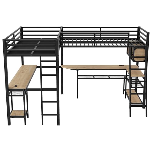 LUMISOL Twin Size Double Loft Bed with LED and Storage Shelves, Metal L-Shaped Loft Bed with 2 Built-in Desks and 2 Charging Stations, Black LUMISOL