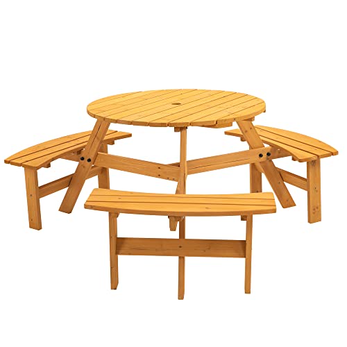 Ufurpie 6 Person Round Picnic Table,Outdoor Wooden Round Picnic Tables w/3 Built-in Benches,Umbrella Hole,Outside Table and Bench Set for Ufurpie