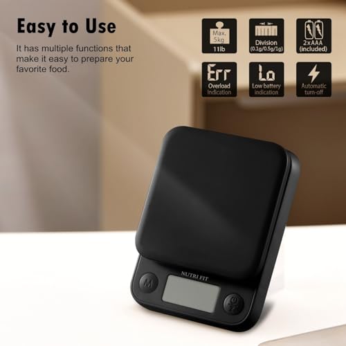 Food Scale Kitchen Scale Weight Grams and Ounces Small Digital Scale for Weight Loss Baking Cooking Coffee of NUTRI FIT, Max 11lb 0.5g Increment, LCD Smart Tare, Easy to Use for Travel, AAA Battery