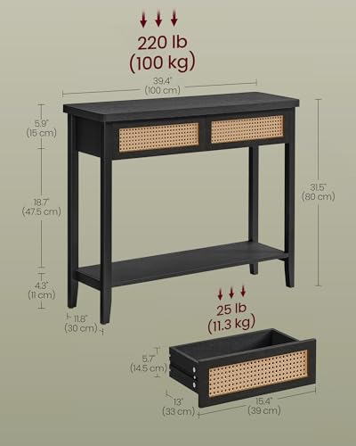VASAGLE Console Sofa Table, Narrow Entryway Table, 2 Drawers, Open Storage Shelf, Rounded Corners, for Living Room, Boho Style, Ash Black ULNT016BF01S VASAGLE
