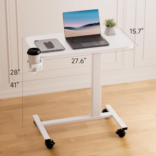 GTPLAYER Small Standing Desk with Lockable Wheels, Pneumatic Mobile Rolling Laptop Desk,Adjustable Height Overbed Bedside Table Computer Workstation for Home Office (28" W x 16" D, White) GTPLAYER