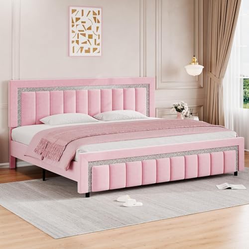 HOMBCK King Size Bed Frame, Pink Bed Frame King with Diamond Vertical Channel Headboard, Upholstered Velvet Headboard and Footboard, Adjustable Headboard, No Box Spring Needed, Easy Assembly, Pink HOMBCK
