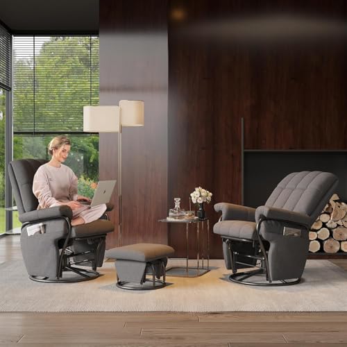 JIASTING 360° Swivel Recliner Chair with Ottoman & Double Side Pockets, Nursing Glider Rocking Recliner Chair, Gliding Chairs for Nursery, Living Room, Bedroom, Office (Gray)