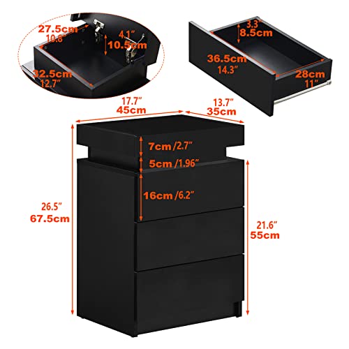 CLIPOP Modern Nightstand, LED Night Stand with 3 High Gloss Chest of Drawers, Bedside Table Cabinet with Remote Control Lights, Wood Matte Nightstand 21.6" Tall Bedroom Furniture, Black CLIPOP