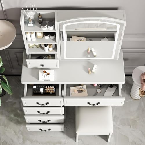 Runboll Elegant Vanity Desk with Lighted Mirror, 6 Drawer White Dressing Table Set for Bedroom, Features Adjustable 3-Color LED Lights, Perfect Makeup Vanity with Storage Runboll