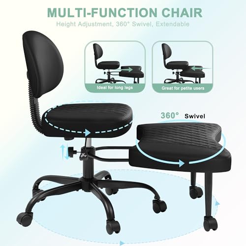 GUNJI Ergonomic Criss Cross Legged Office Chair, 360° Swivel Meditation Kneeling Chair with Wheels, ADHD Chair with Footrest, Lumbar Support, Wider Height Adjustable Seat (Faux Leather, Black) GUNJI
