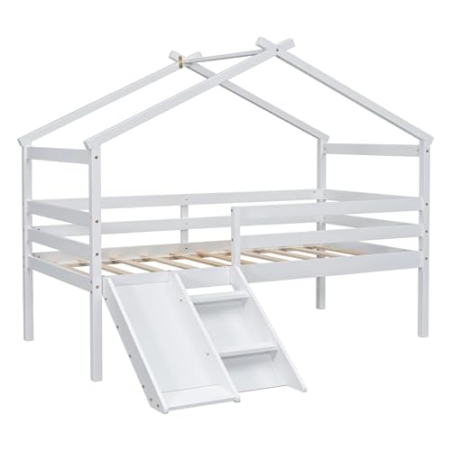 PVWIIK Twin Size Low Loft Bed with Slide for Kids,Girls,Boys Bedroom,Wood House Roof Frame with Inclined Ladder,Easy to Assemble,Under Bed Storage,White PVWIIK