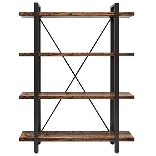 Rustic Solid Wood 4-Tier Bookshelf with Metal Frame – Distressed Brown Finish AY-AOYUAN