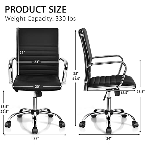 Giantex Ribbed Office Chair, Ergonomic Modern Leather Desk Chair with Adjustable Height & Arms, Swivel Mid Back Executive Conference Room Chairs for Meeting Room (4, Black) Giantex