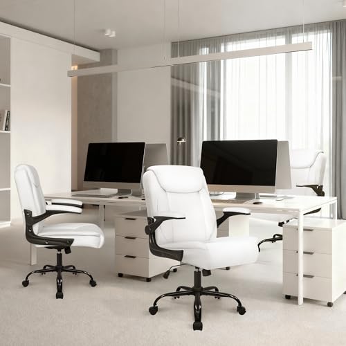 NEO CHAIR Office Desk Computer Chair Ergonomic Executive Mid-Back Leather Gaming Chair with Adjustable Flip-Up Armrests Wheels Swivel for Home Study Task (White) NEO CHAIR