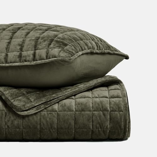 RECYCO Luxury Velvet Quilt Set Twin/Twin XL Size, Lightweight Velvet Comforter Set, Oversized Bedspread Coverlet Quilted Bedding Set, with 1 Matching Pillow Sham, for All Season, Olive Green RECYCO