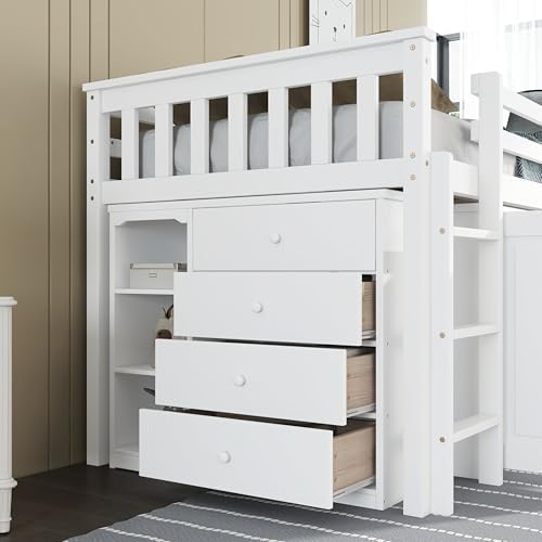 KEIKI Twin Size Low loft Bed with Pull-Out Desk, Rubber Wood Loft Bed with Storage Cabinets & Drawers & Shelves, Low Twin Bed for Kids, White KEIKI