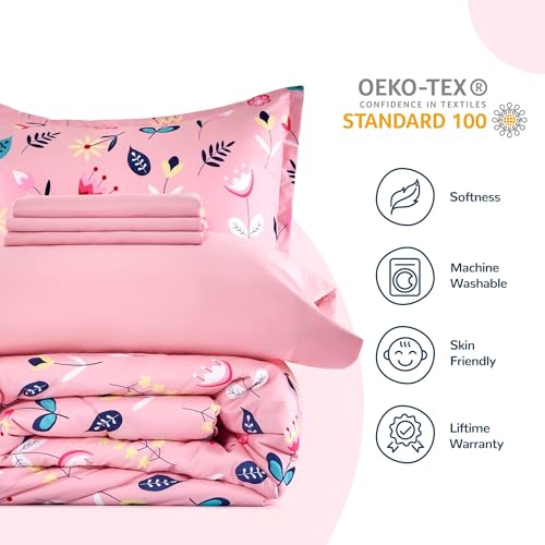 SLEEP ZONE Kids Twin Bedding Comforter Set - Super Cute & Soft Kids Bedding 5 Pieces Set with Comforter, Sheet, Pillowcase & Sham (Pink Flower) SLEEP ZONE