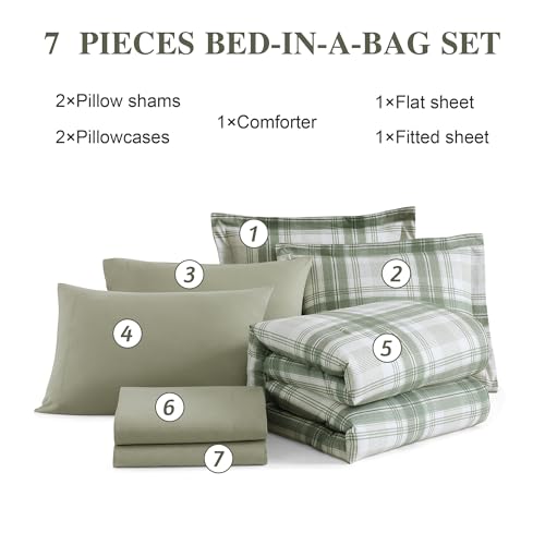 AMBERSPACE Full Size Comforter Sets, Green Plaid Bedding Set 7 Piece for Boys Girls Teen, Classic Homestead-Style Kids Comforter Set Bed in A Bag with Sheets, Pillowcases & Shams AMBERSPACE