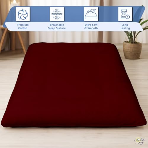 Cottington Lane Traditional Japanese Shikibuton Futon Cover, King Size Premium Cotton Zippered Floor Mattress Slipcover, Soft Durable, Ideal for Dorm Rooms, Guest Rooms, Burgundy Cottington Lane