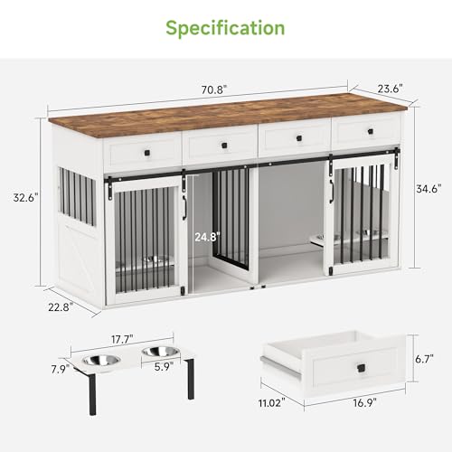 Real Relax Large Dog Crate Furniture, 71” Multi-Purpose Dog House w/Double Rooms, Divider and Sliding Barn Door, Steel Frame Indoor Double Dog Crate for Medium Small Dogs, White Real Relax