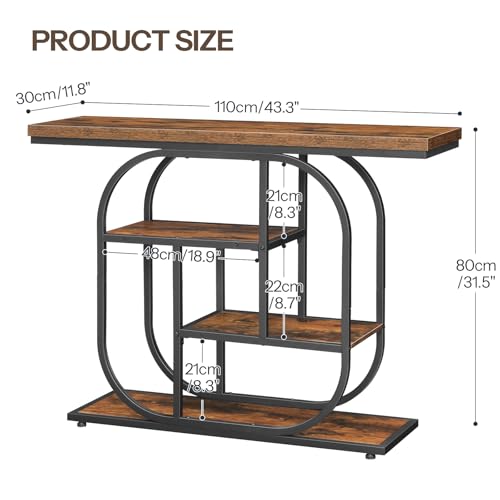 HOOBRO 43.3" Console Table, 4-Tier Sofa Table, Industrial Entryway Table, Behind Couch Table, Accent Table with Storage Shelf for Entryway, Foyer, Living Room, Bedroom, Hallway, Rustic Brown BF65XG01 HOOBRO