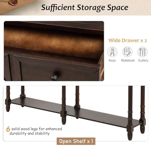 Amposei Retro Classic Wood Console Table 58-Inch Long Narrow Sofa Entry Table with Drawers & Open Shelf for Living Room Entrance Hallway Furniture, Espresso Amposei
