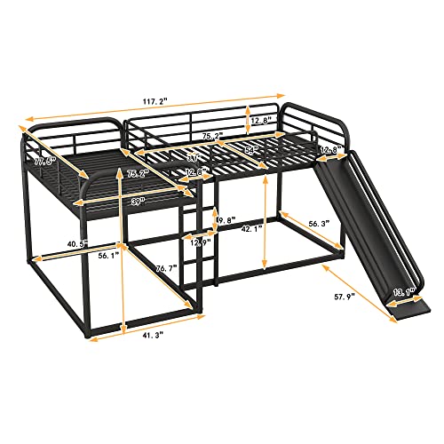 L Shaped Bunk Beds Compatible with 4, Wooden Quad Bunk Bed with Slide, Full Over Full Bunk Bed with Twin Over Twin Bunk Bed Attached Compatible with Girls Boys, Gray Bedroom Bed Frame, WoodArtSupply