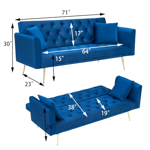 71" Modern Velvet Sofa Bed Futon, Convertible Sleeper Couch with Adjustable Backrest, Tufted Recliner Loveseat with Golden Chrome Legs & 2 Pillows for Small Spaces, Living Room, Apartment (Blue) Generic
