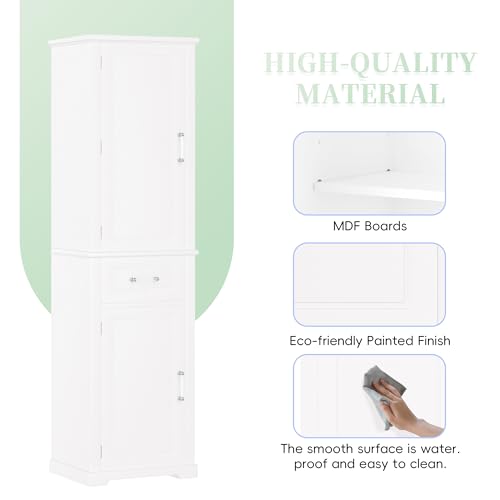 Pasirou 72" Tall Narrow Storage Cabinet with 2 Doors and One Drawer, Modern Freestanding Pantry Organizer with Adjustable Shelf and Door Shelves for Bathroom, Home Office, Kitchen, White Pasirou