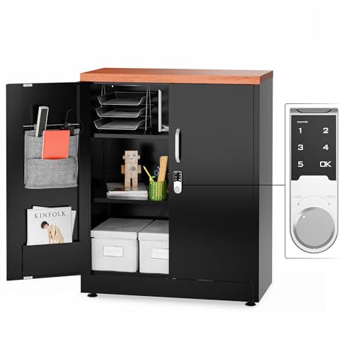 METALTIGER Metal Storage Cabinet, 40" H Small Cabinet with Digital Lock, Locking Storage Cabinet with Doors and Shelves (Black & Woodlike Top) METALTIGER
