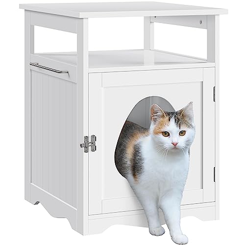 Yaheetech Cat Litter Box Enclosure, Hidden Litter Box Furniture with Open Shelf, Indoor Cat Washroom, Storage Cabinet Pet Crate, Side End Table, Wooden Pet House White Yaheetech