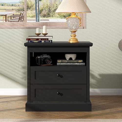 Gyfimoie Nightstand with Hidden Storage Space, Night Stand, End Table with Side Drawer, Bedside Table with Open Shelf, 2 Drawers Dresser for Bedroom, Living Room, Closet (Black) Gyfimoie