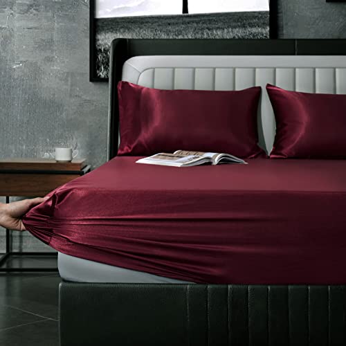Manyshofu 7Pcs Burgundy Satin Sheets California King Silky Satin Bed Sheets Set, Luxurious & Soft Bedding Set - 1 Fitted Sheet, 1 Flat Sheet, 4 Pillowcases + 1 Body Pillow case Manyshofu